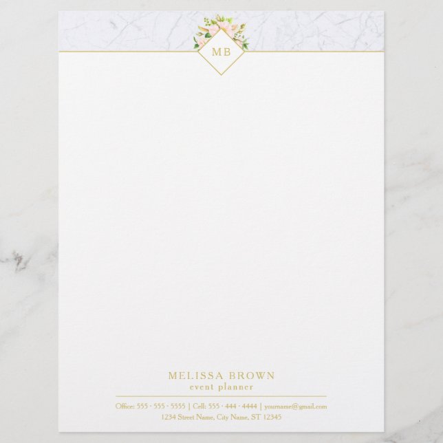 Papel Timbrado Monograma Elegante Floral Marble Chic Letterhead (Frente)