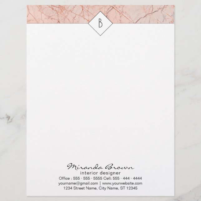 Papel Timbrado Monograma Elegante Rosa Dourado Marble Letterhead (Frente)