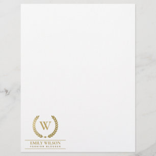 PAPEL TIMBRADO MONOGRAMA INICIAL DE LAUREL FLORAL DOURADO ELEGANT