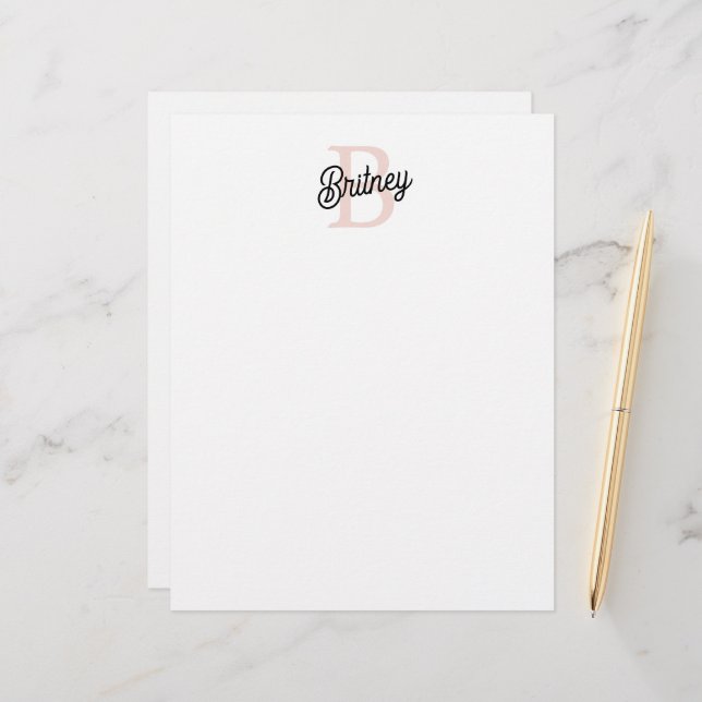 Papel Timbrado Monograma Personalizado Moderno e Nome Pastel Rosa (Frente/Verso In Situ)