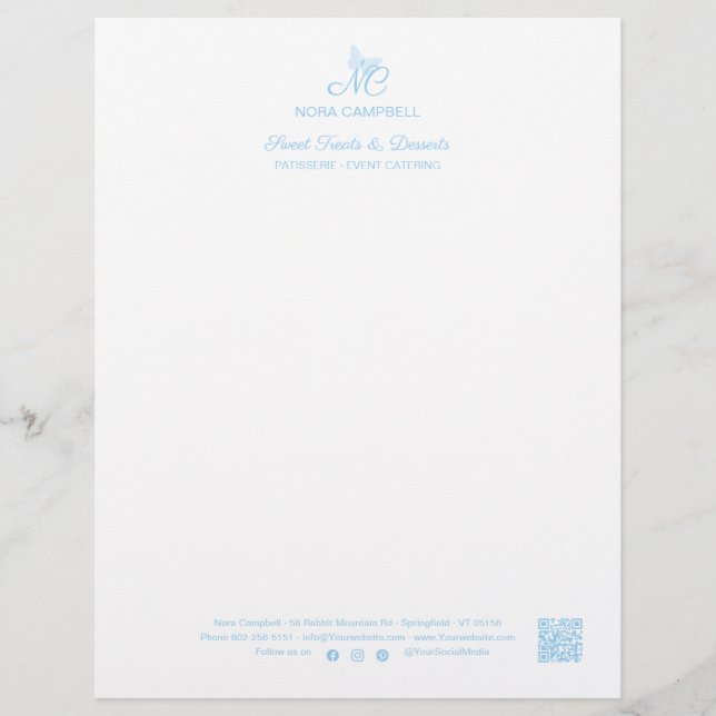 Papel Timbrado Monograma QR Código de mídia social Azul (Frente)