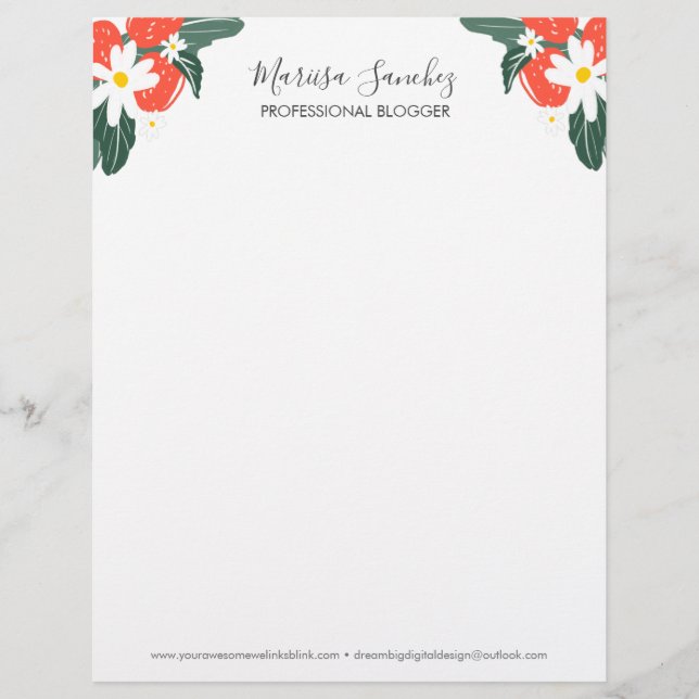 Papel Timbrado Morangos Nome Rascunho Floral Letrahead Moderna (Frente)
