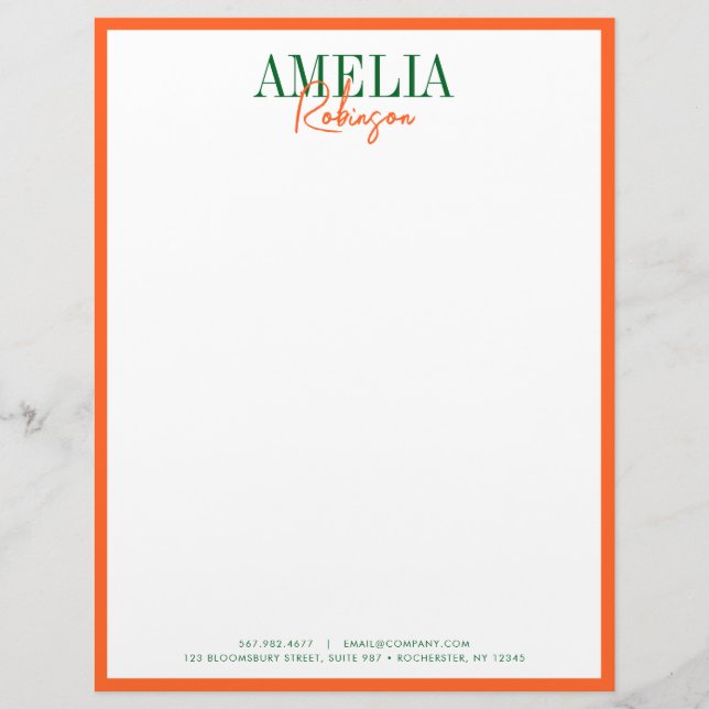 Papel Timbrado Na moda Letterhead de Contraste Chic Laranja Verde (Frente)