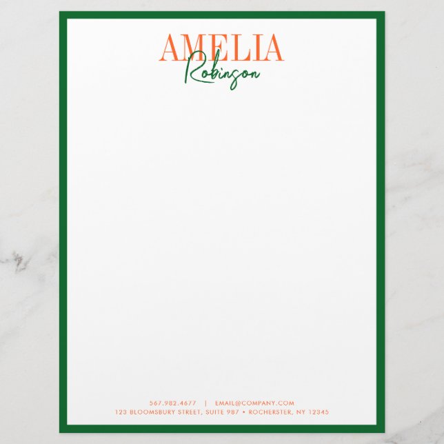 Papel Timbrado Na moda Letterhead de Contraste Chic Laranja Verde (Frente)