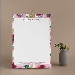 Papel Timbrado Nome da Tipografia das Flores Roxas Elegante Water