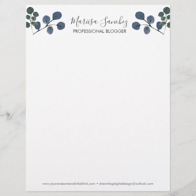 Papel Timbrado Nome Moderno do Script Eucalyptus Watercolor (Frente)