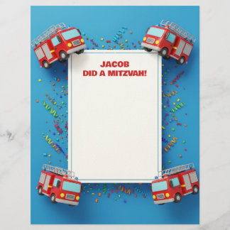 Papel Timbrado Nota Mitzvah Personalizada para o Bombeiro Vermelh