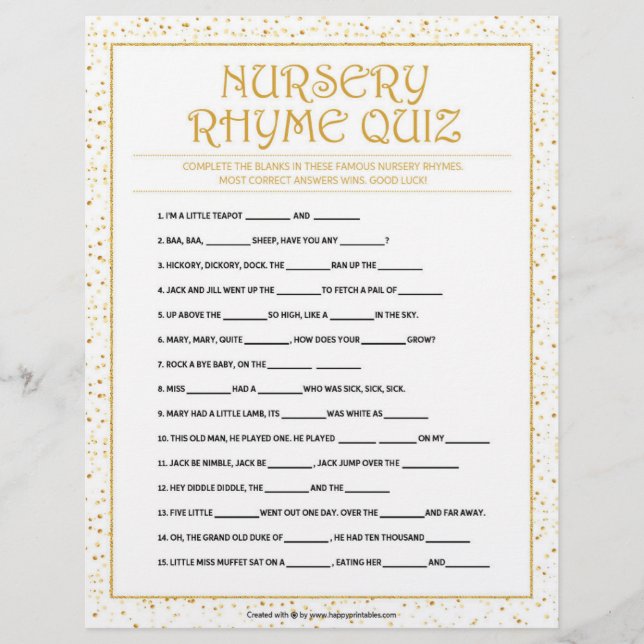 Papel Timbrado Nursery Rhymes Quiz [Sparkles de Ouro] (Frente)