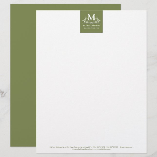 Papel Timbrado Ornamento Clássico de Rodovalho Inicial em Verde R (Frente/Verso)