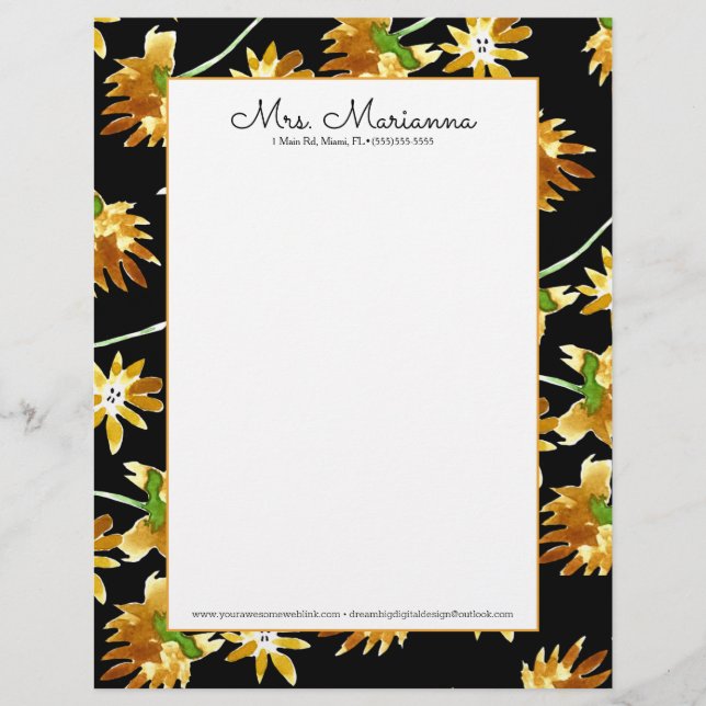 Papel Timbrado Padrão de Arte Floral Amarelo de Aquarela da Mão (Frente)