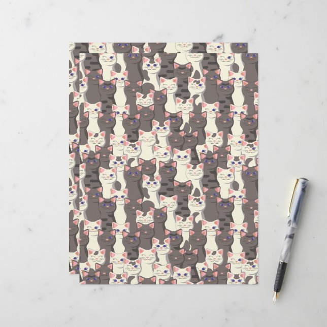 Papel Timbrado Padrão de gatos brancos e cinzas (Frente/Verso In Situ)