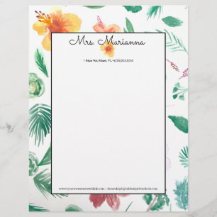 Papel Timbrado Padrão de Hibisco em Aquarela à Mão Script de Verã