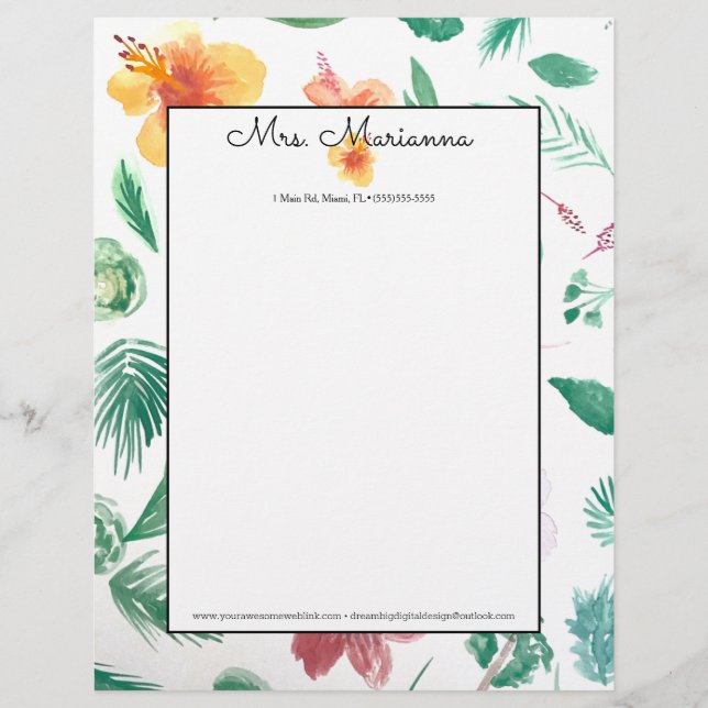 Papel Timbrado Padrão de Hibisco em Aquarela à Mão Script de Verã (Frente)