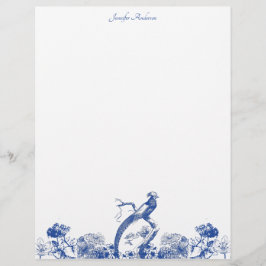 Papel Timbrado Padrão Floral Chinês Azul e Branco com Pássaro