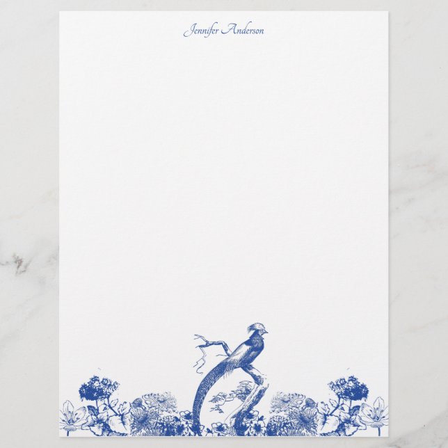 Papel Timbrado Padrão Floral Chinês Azul e Branco com Pássaro (Frente)