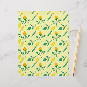 Papel Timbrado Padrão floral com rosa amarela e flores tulipas
