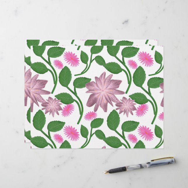 Papel Timbrado Padrão floral rosa com folhas verdes (Frente/Verso In Situ)