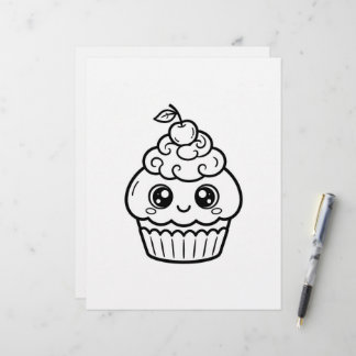 Papel Timbrado Página para Colorir Cupcake de Olhos Grandes Kawai