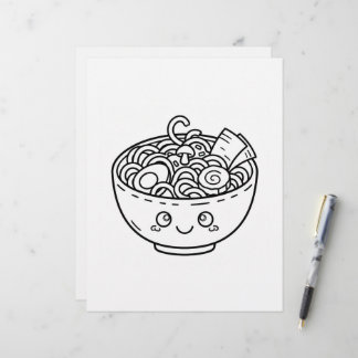Papel Timbrado Página para Colorir Tigela de Ramen Japonês Kawaii