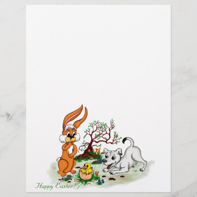 Papel Timbrado Páscoa - Capô de Cachorrinho com Coelho e Pintinho (Frente)
