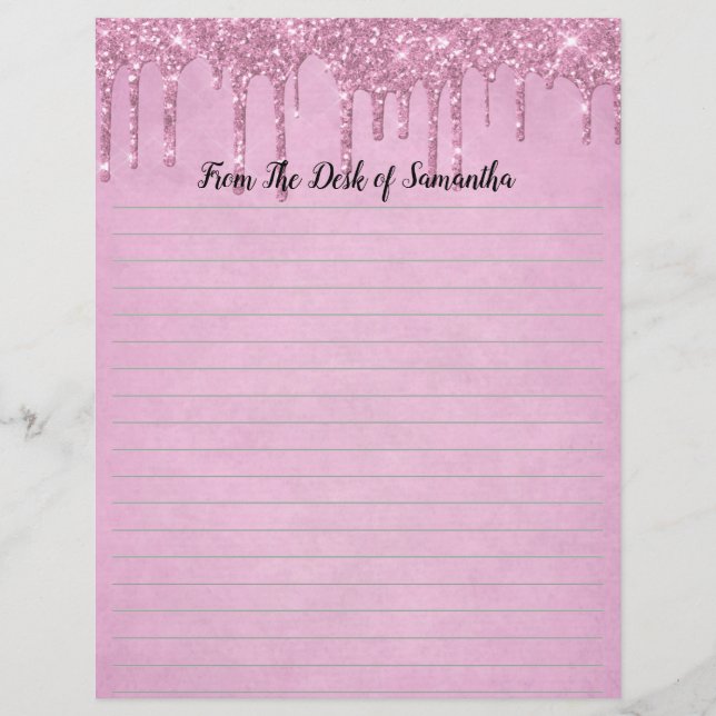 Papel Timbrado Personalize Gotejando Glitter Rosa Forrado  (Frente)