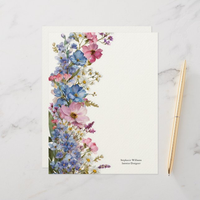 Papel Timbrado Personalized Blue Pink White Wildflowers Florals  (Frente/Verso In Situ)