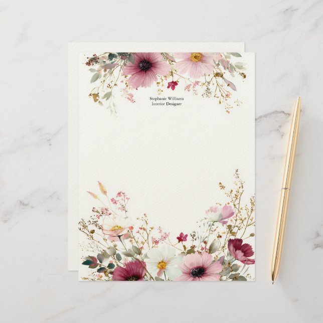 Papel Timbrado Personalized Burgundy Pink Wildflowers Florals  (Frente/Verso In Situ)