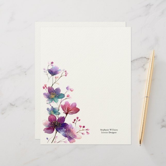 Papel Timbrado Personalized Burgundy Purple Wildflowers Florals  (Frente/Verso In Situ)