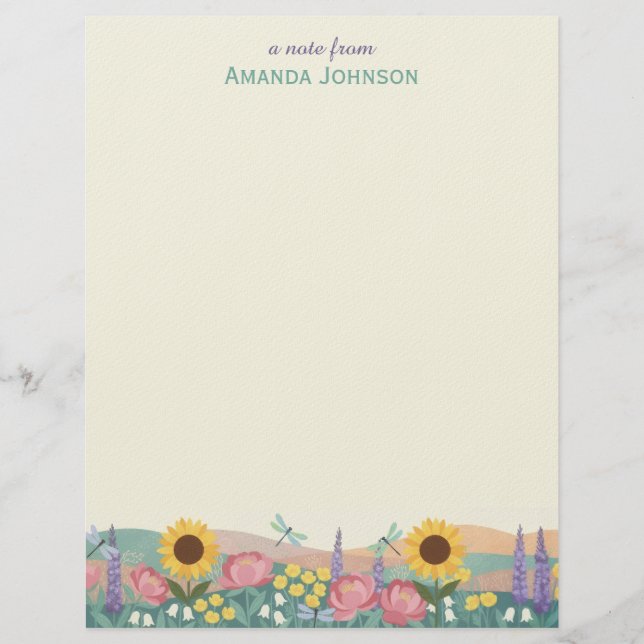 Papel Timbrado Personalized Dragonfly Flower Field Custom Name (Frente)