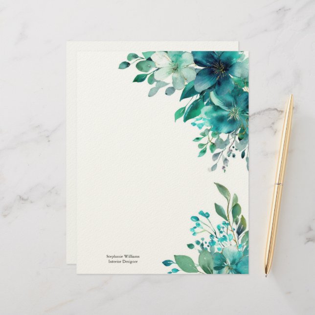 Papel Timbrado Personalized Green Teal Wildflowers Florals  (Frente/Verso In Situ)