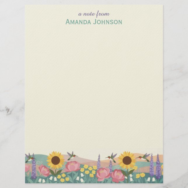 Papel Timbrado Personalized Hummingbird Flower Field Custom Name (Frente)