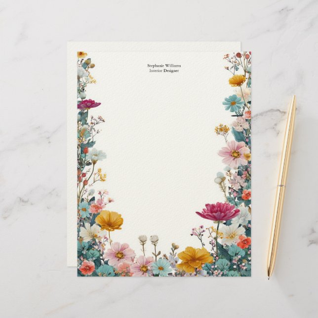 Papel Timbrado Personalized Pink Yellow Teal Wildflowers  (Frente/Verso In Situ)