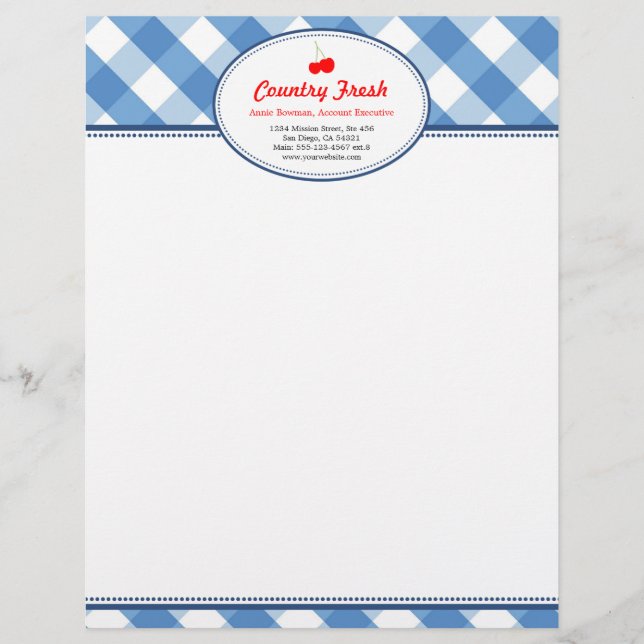 Papel Timbrado Pessoal de cereja vermelha rústica de gingham azul (Frente)