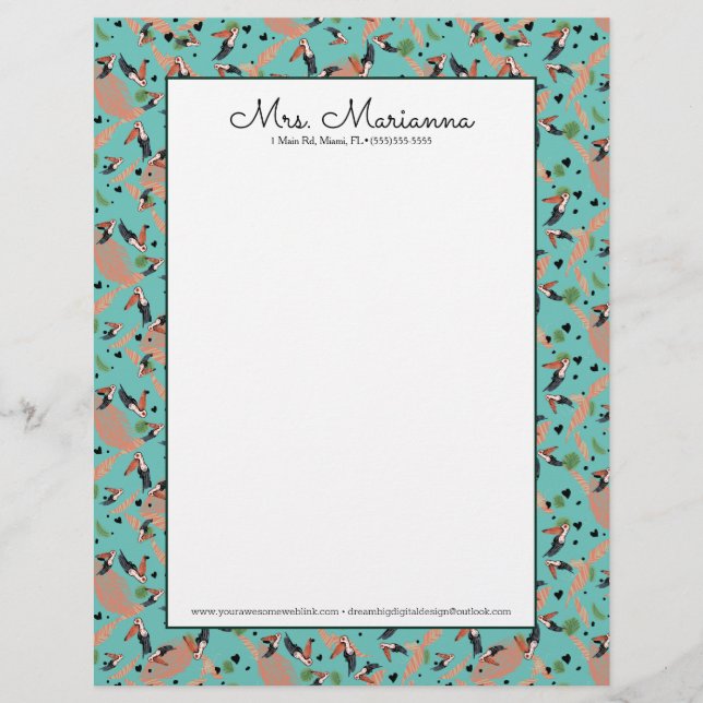 Papel Timbrado Pintura de tucanos e padrão verde de aves (Frente)