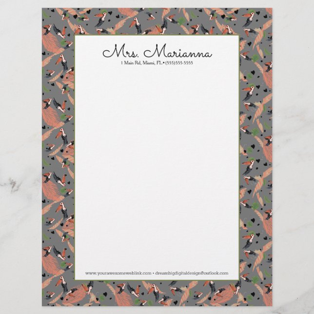 Papel Timbrado Pintura de tucanos e padrão verde de aves (Frente)