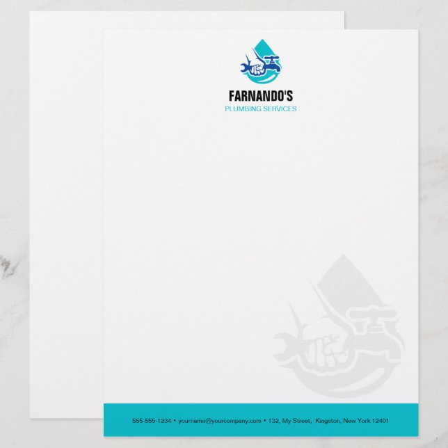 Papel Timbrado Plumbing Service Water Drop Logo Plumber Business (Frente/Verso)