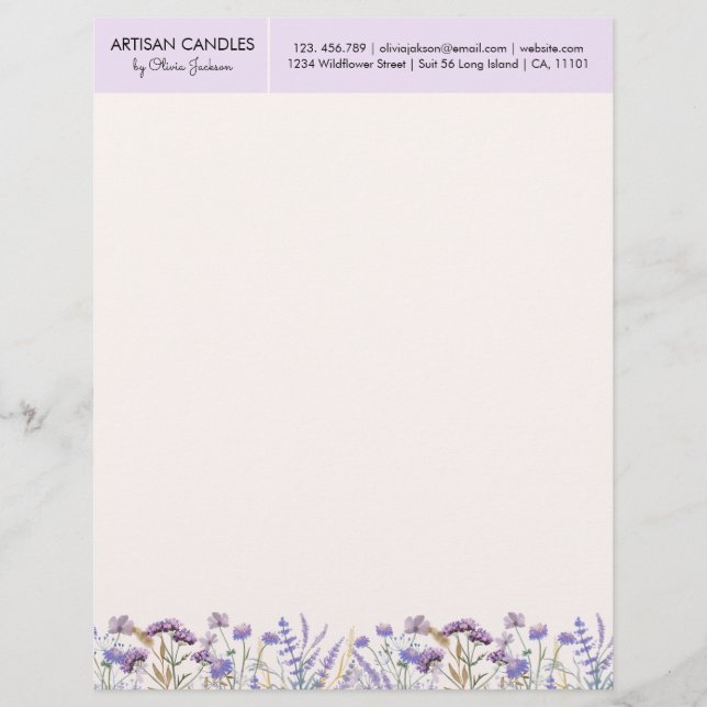 Papel Timbrado Prado de Flores Silvestres Roxas em Aquarela com E (Frente)