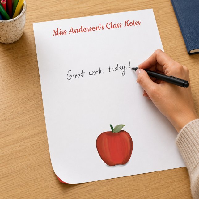 Papel Timbrado Professor Sala de Aula Fofo Personalizado  (Personalized teacher letterhead featuring a classic red apple and cheerful classroom style.)