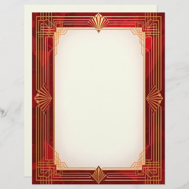 Papel Timbrado Quadro Dourado de Deco de Arte no Fundo Vermelho (Frente/Verso)