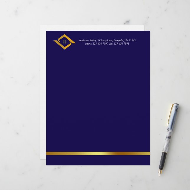 Papel Timbrado Real Estate Navy Blue House Logo Modern Realtor (Frente/Verso In Situ)