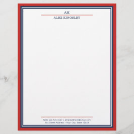 Papel Timbrado Red Navy Blue Border Monogram Name Address