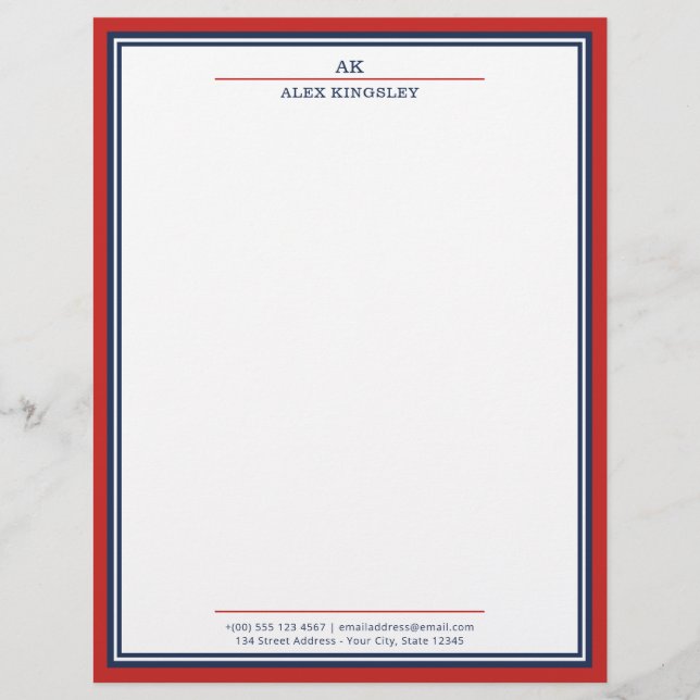 Papel Timbrado Red Navy Blue Border Monogram Name Address (Frente)
