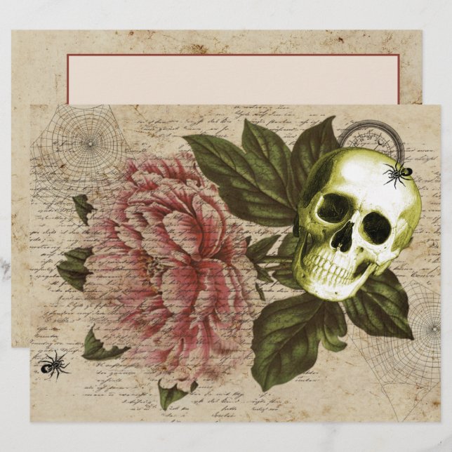 Papel Timbrado Red Peony Steampunk Skull Ephemera (Frente/Verso)