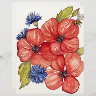 Papel Timbrado Red Poppy and Blue Cornflower Watercolor