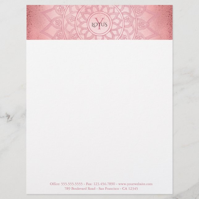 Papel Timbrado Rosa Dourado Elegante Lotus Mandala Yoga (Frente)