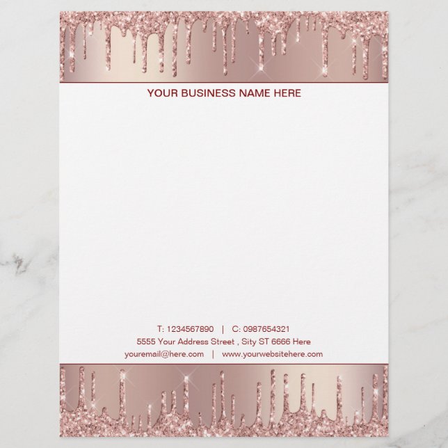 Papel Timbrado Rosa Dourado Letterhead com informações de seu nom (Frente)