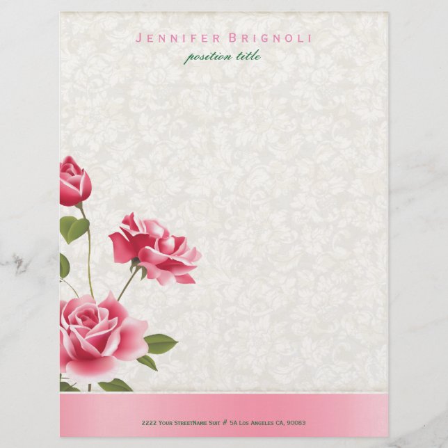 Papel Timbrado Rosas Rosa Beige Damask (Frente)