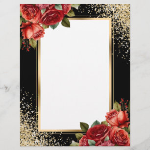 Papel Timbrado Rosas Vermelhas Brilho Ouro Preto