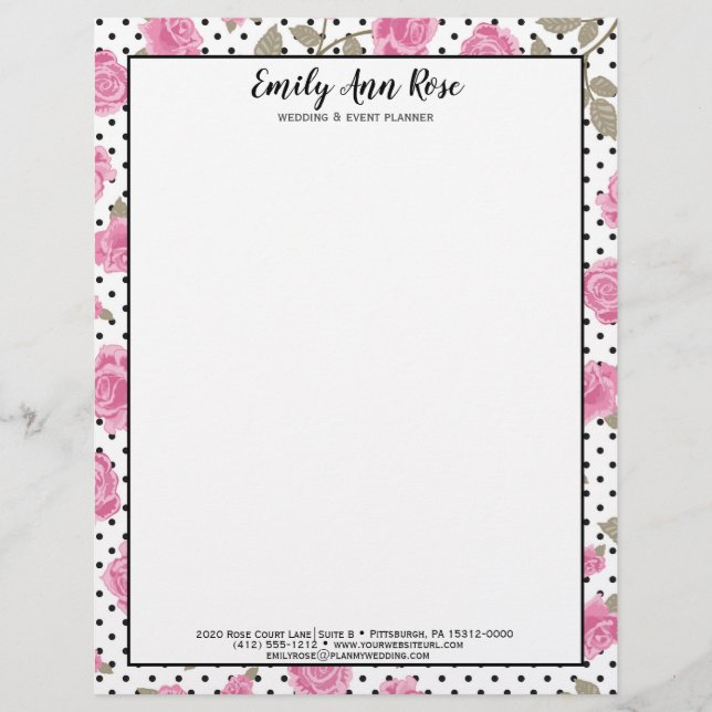 Papel Timbrado Roses Rosa Girly Script Girly Floral Papel de cart (Frente)