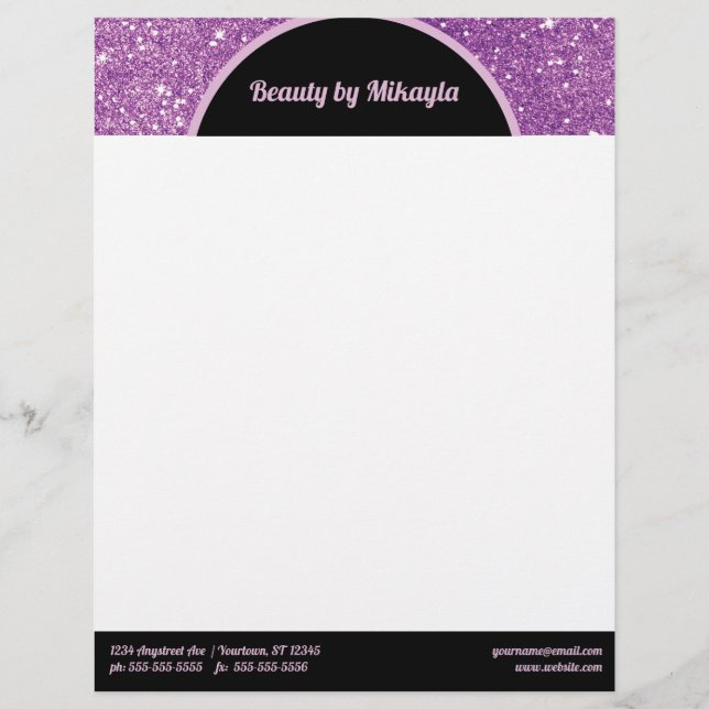Papel Timbrado Salão de Beleza Estilo Roxo com Brilho Rosa e Pret (Frente)